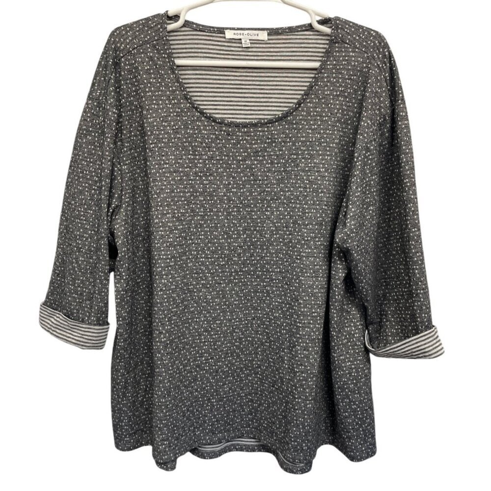 Rose+Olive Womens 2X Grey Polka Dot Tunic‎ Top With Striped Cuffs